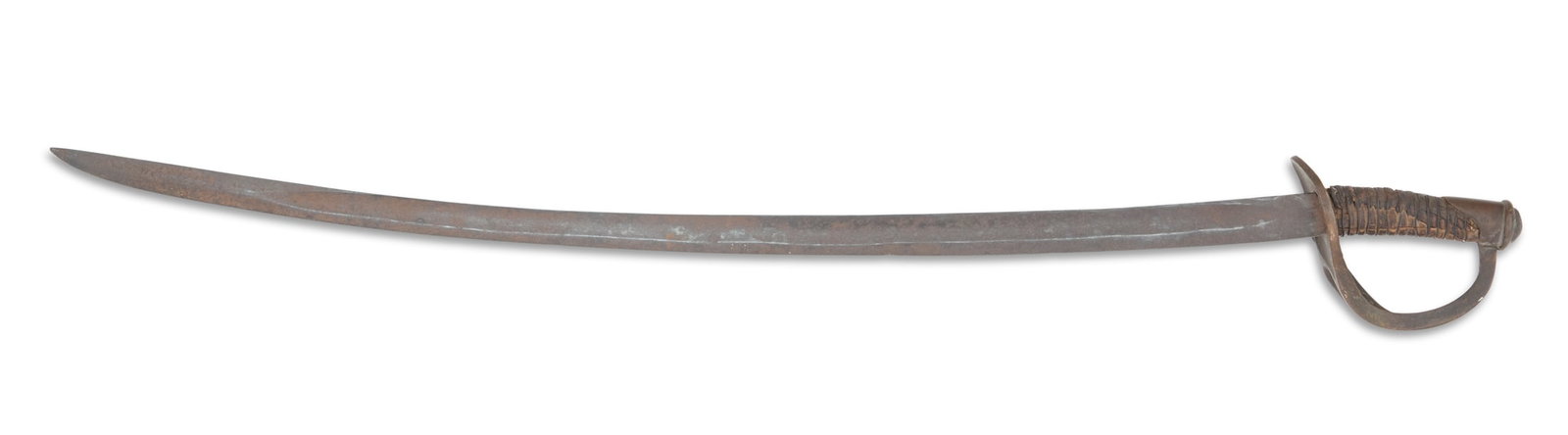 Cavalry Saber, Possibly Confederate: Cavalry Saber, Possibly Confederate the heavy fullered blade with slight curve, with heavy cast brass three-arm cage hand guard, unmarked rawhide-covered grip with single-strand iron binding wire, cas