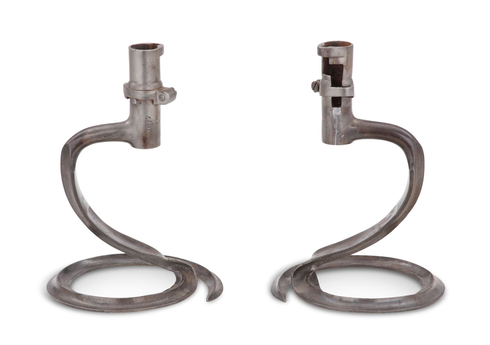 Pair of Socket Bayonet Candlesticks: Pair of Socket Bayonet Candlestickscrafted from two Belgian M1867/41 Albini-Braendlin socket bayonets, the blades spiraled to form the base.h. 6-1/2", dia. 4-3/8"