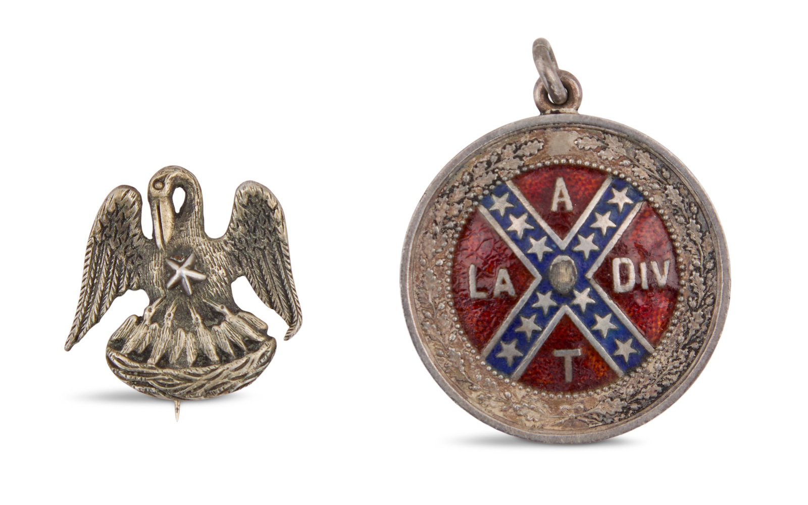 Two Louisiana Silver Ornaments: Two Louisiana Silver Ornaments early 20th century, including: an enameled Army of Tennessee, Louisiana Division, Medal, inscribed to M. B. Bergeron, Winchester Battery, Squires Battalion, dia. 1-1/8&q