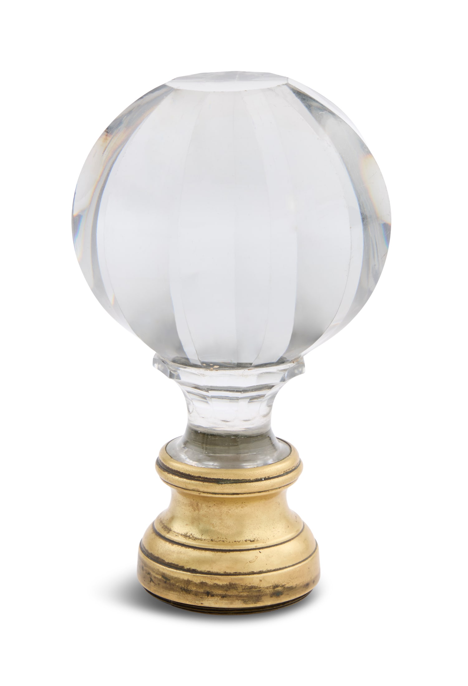 American Lead Crystal and Brass Newel Post Finial: American Lead Crystal and Brass Newel Post Finial ca. 1875, of paneled balloon form with brass baluster base, retaining the mounting plate. h. 7-1/4", dia. 4", base dia. 2-1/4" Provenance: The Montgom