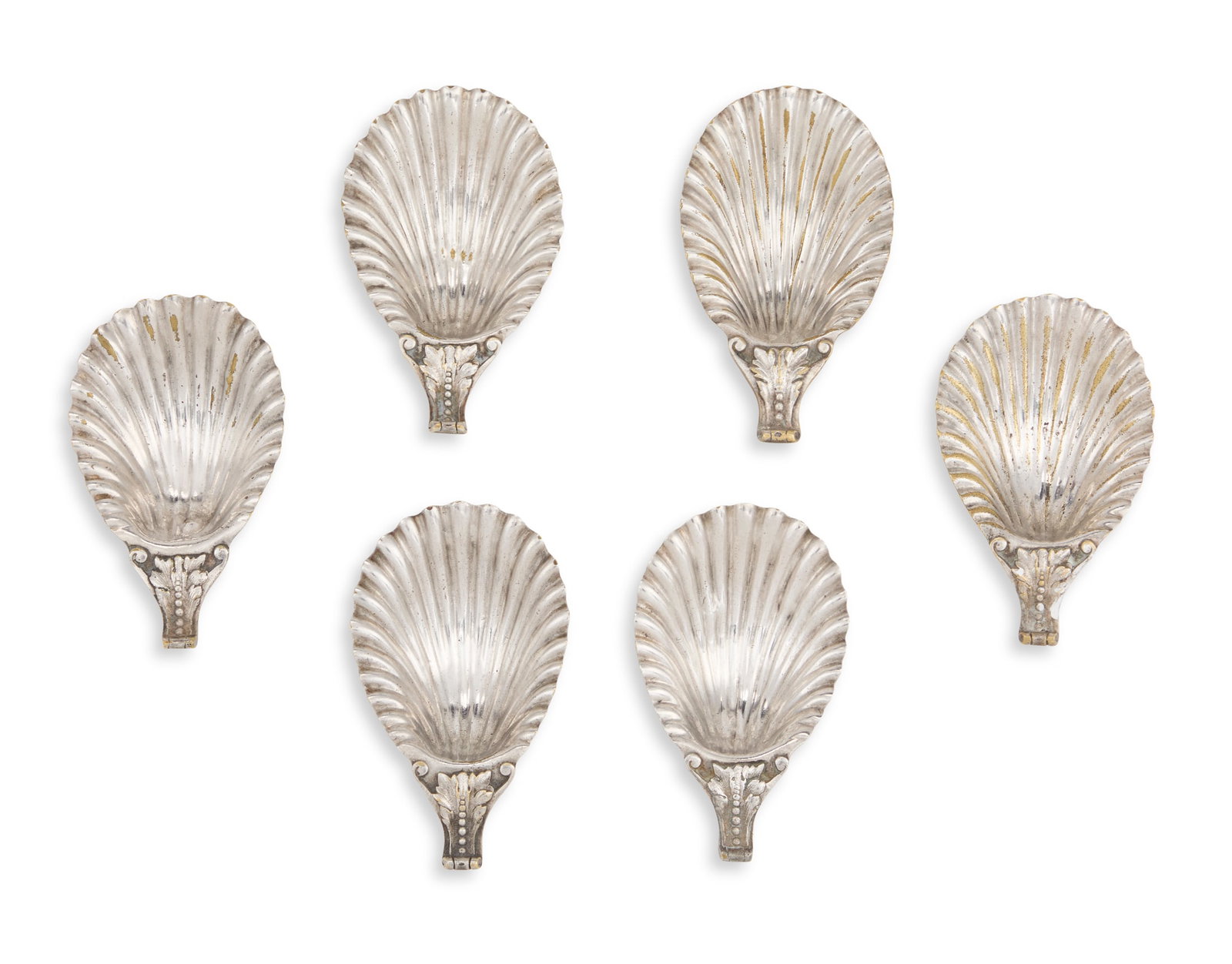 Set of New Orleans Silverplate Seafood Dishes: Rare Set of Six New Orleans Silverplate Coquille Seafood Dishes third quarter 19th century, by Pierre Casimir Rouyer (1813-1887), each of coquille form, with beaded acanthus handle and three peg feet.