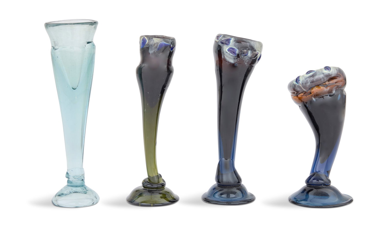 Group of Four Blown and Hand-Molded Glass Vessels: Group of Four Blown and Hand-Molded Glass Vessels including three multi-colored opaque glass "Calla Lily" vases and one green clear vase, by Ellis Sidney Joubert. from h. 7-1/2", dia. 3