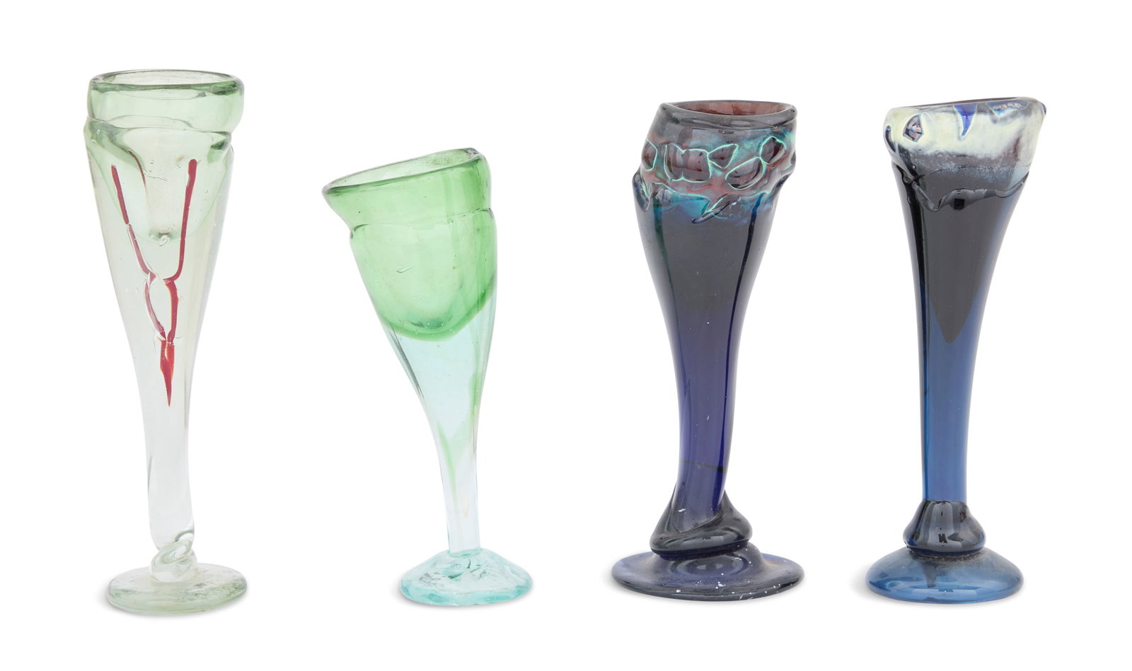 Group of Four Blown and Hand-Molded Glass Vessels: Group of Four Blown and Hand-Molded Glass Vessels including two multi-colored opaque glass "Calla Lily" vases and two green clear vases, by Ellis Sidney Joubert. from h. 8-1/4", dia. 3&