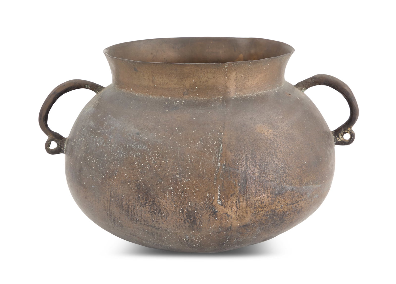 Renaissance Brass Cauldron: Renaissance Brass Cauldron mid-16th century or earlier, Northern European, seamed cast brass construction with scroll-terminal handles; together with an exhibition loan label. h. 8-3/4", dia. 9&q