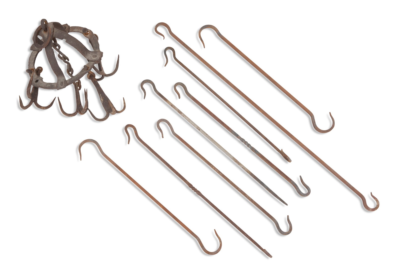 Wrought Iron Kitchen Crown and Hooks: Wrought Iron Kitchen Crown and Hooks the circular domed crown with hanging hooks, and eight long hooks of varying lengths. crown h. 12", dia. 7"; hooks l. 14-1/4" to 16"