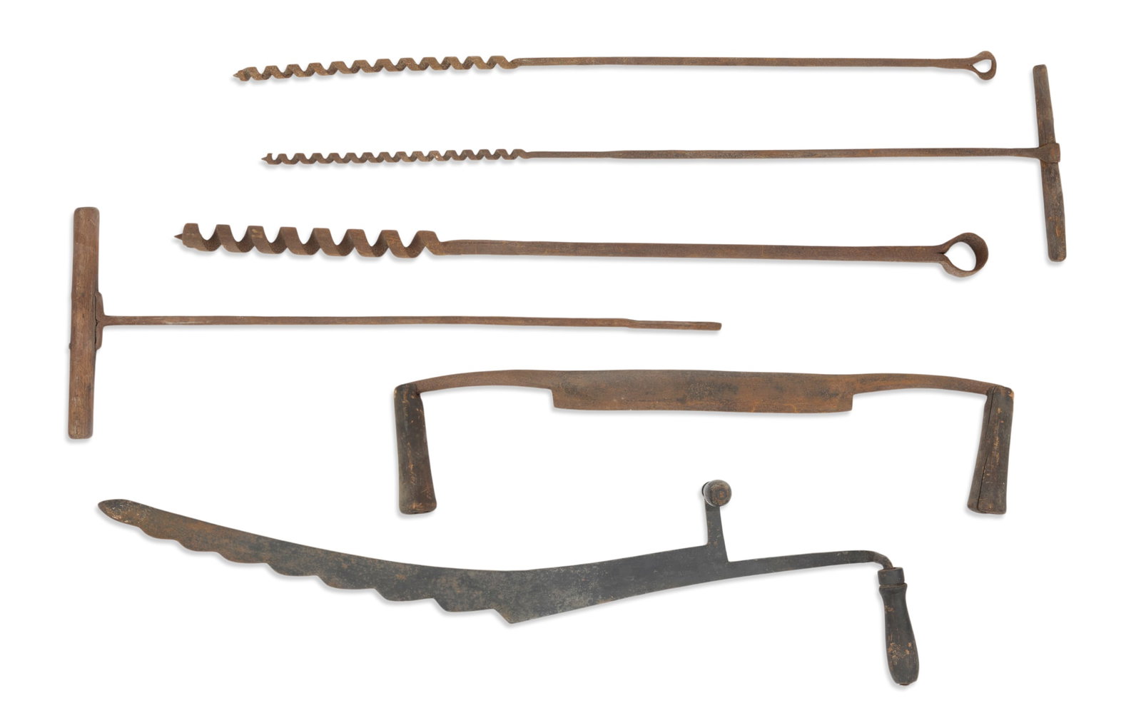 Vintage Iron Tools: Vintage Iron Tools including: a draw knife, l. 25-1/4"; three spiral augurs (two lacking the wood handle), l. 31", 32-1/2" and 35"; a spoon-bit augur , l. 28-1/4"; and a hay k