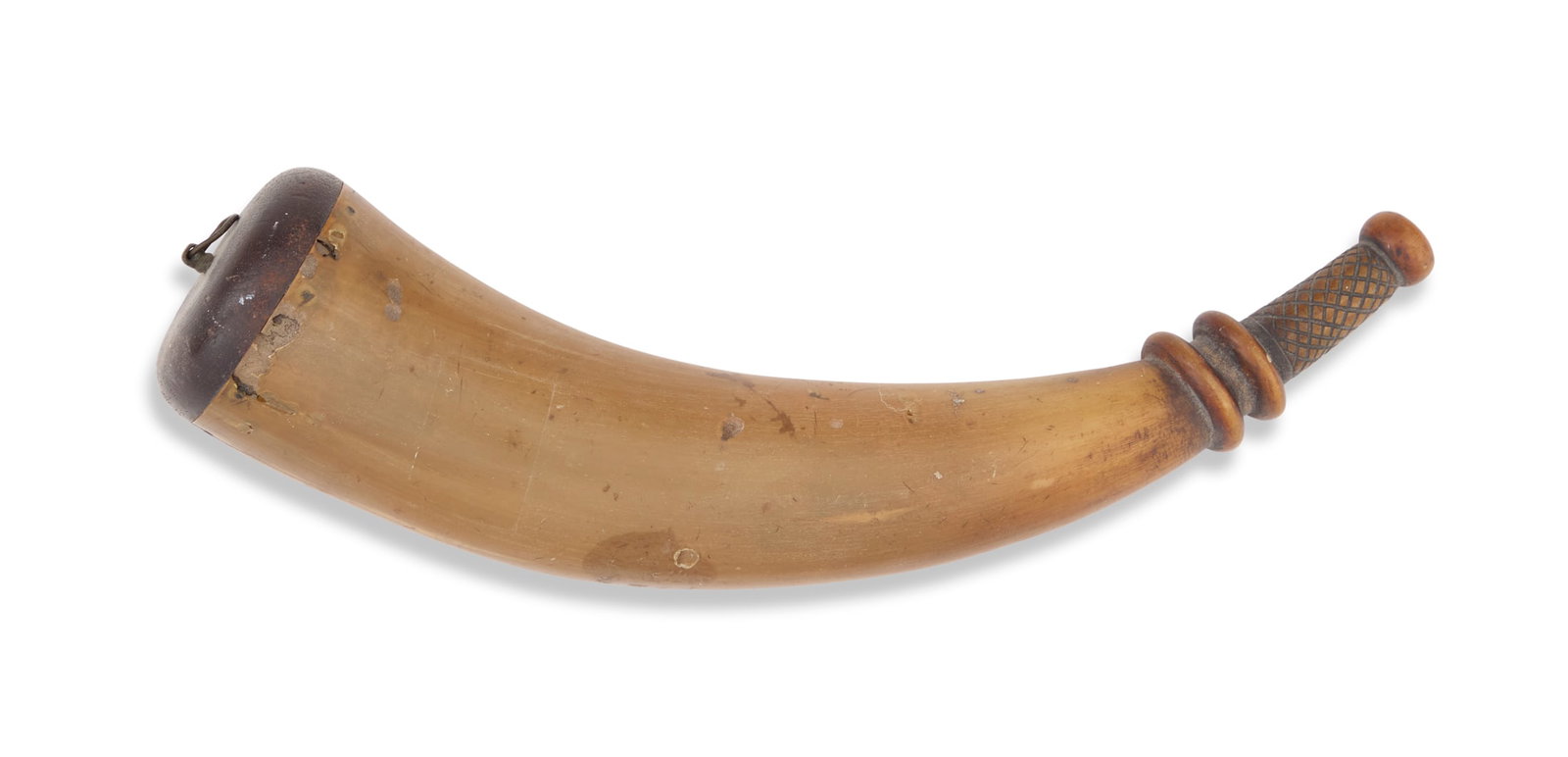 Powder Horn: Powder Horn early 19th centuruy, with cross-hatched spout carved with heavy annular strap mounts, the domed wood end cap attached with brads and wire ring finial. l. 9-/4", dia. 2-1/4"