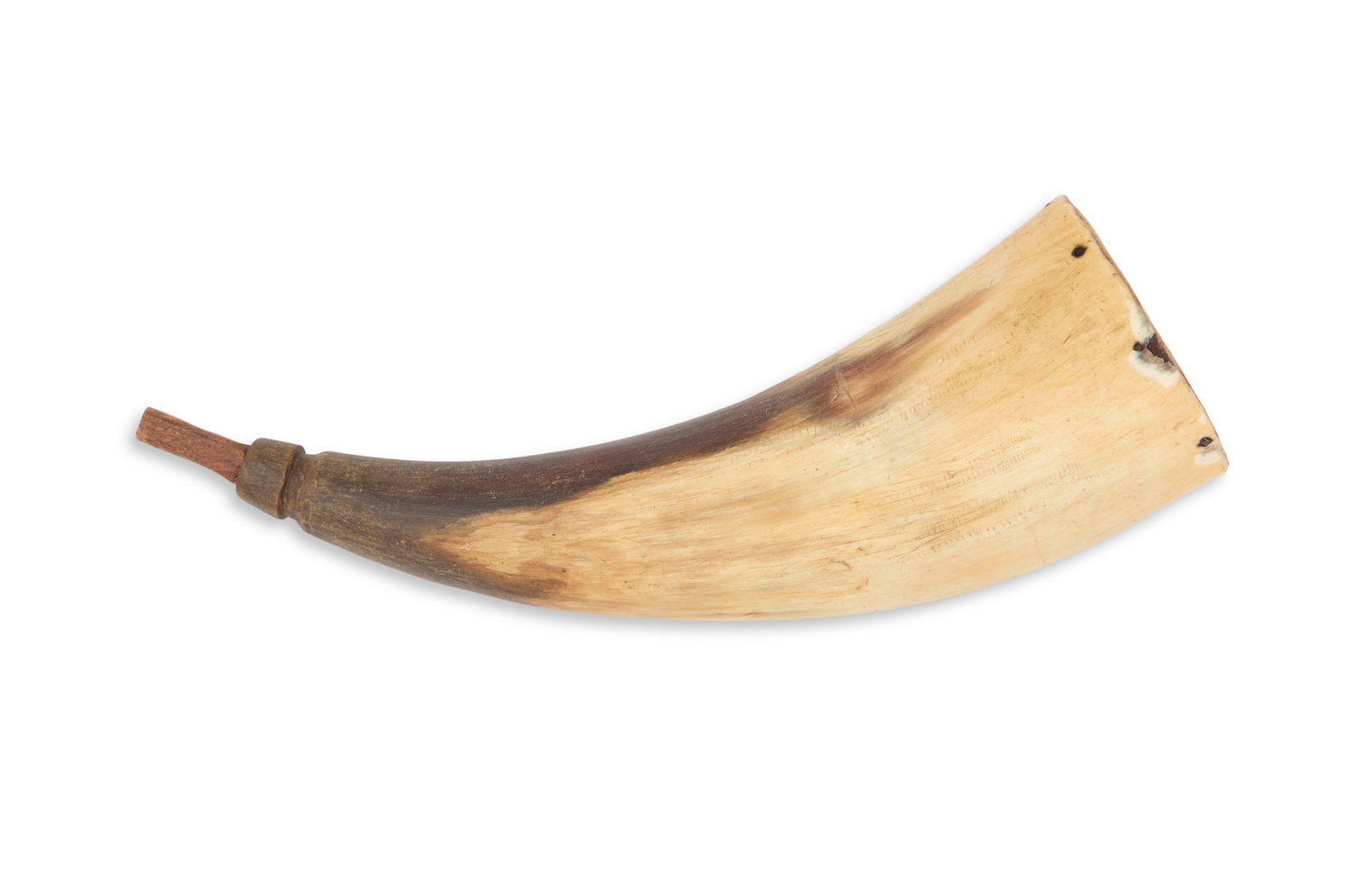 Powder Horn: Powder Horn with flat wood end cap held with brads, initialed "GXR", notched at the spout for a strap, plain wood spout plug. l. 8", dia. 2-5/8"