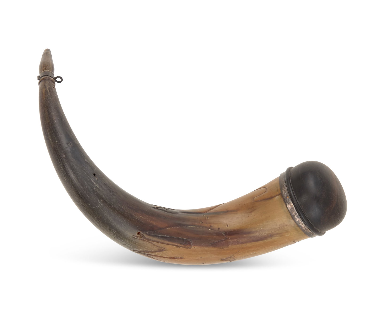 Powder Horn: Powder Horn 19th century, nicely carved with two roosting owls and a diving swallowtail kite, with domed wood end cap, steel collars at the cap and tip, the latter between turned annular bands and wit