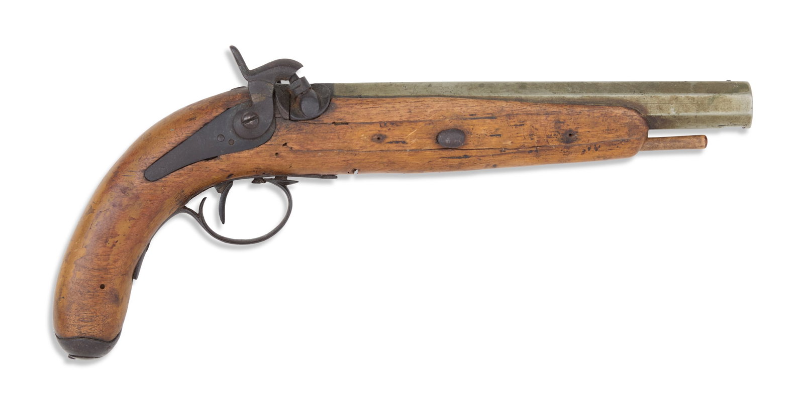 Blacksmith-Made Percussion Pistol: Blacksmith-Made Percussion Pistol with parts from various guns and hand-made stock; the barrel engraved "London" (probably false as it bears no proof marks and the metal appears to be nickel