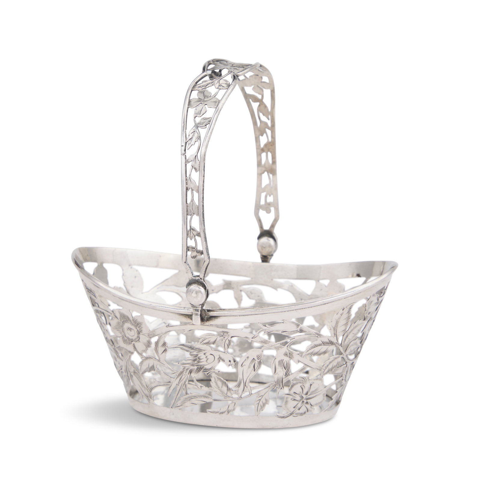 German Silver Sweets Basket: German Silver Sweets Basket second quarter 20th century, Martin Mayer, Mainz, .800 silver, oval with upswept ends, the pierced sides decorated with engraved birds among flowers, with swing handle en s