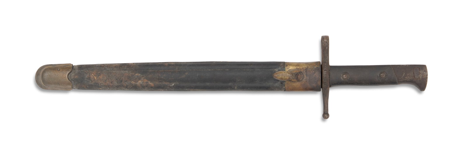 Italian Model 1891 Carcano Bayonet: Italian Model 1891 Carcano Bayonet Fabbrica d'Armi di Terni and so marked on the ricasso, the guard with number XF4372; with the original brass-mounted leather scabbard. blade l. 11-3/4", overall