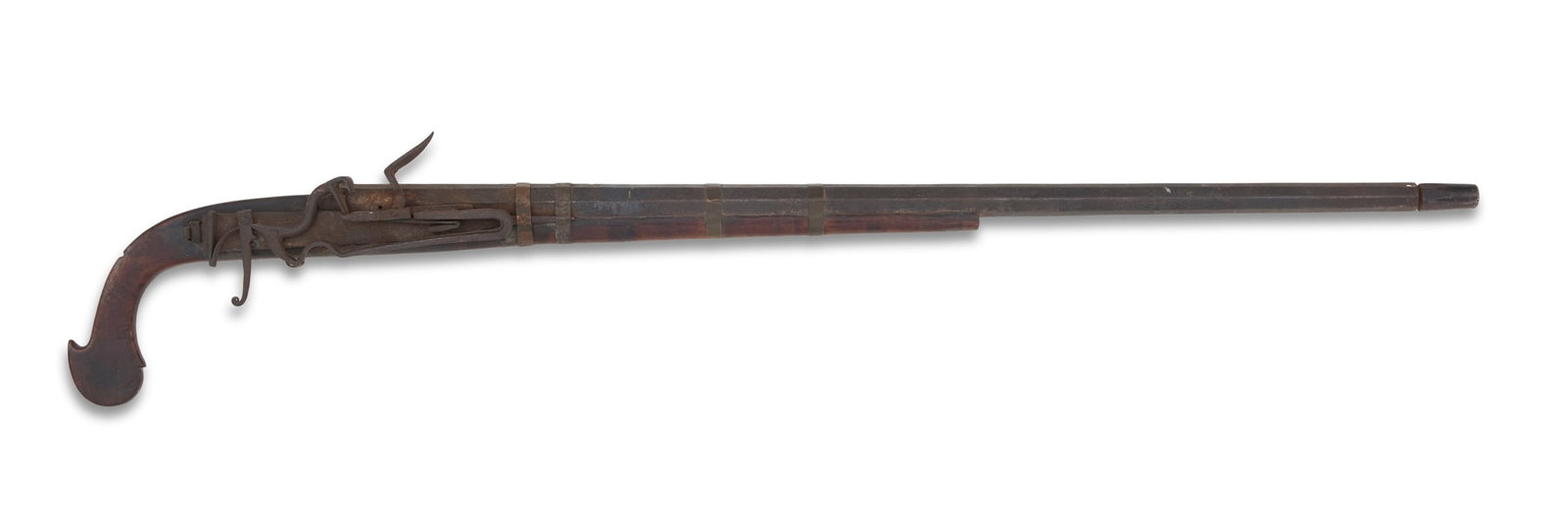 Southeast Asian Flintlock "Walking Stick" Gun: Southeast Asian Flintlock "Walking Stick" Gun early 1800s, hand-wrought, the crude flintlock mechanism with all springs and trigger on the outside of the lock, with wooden muzzle plug to con