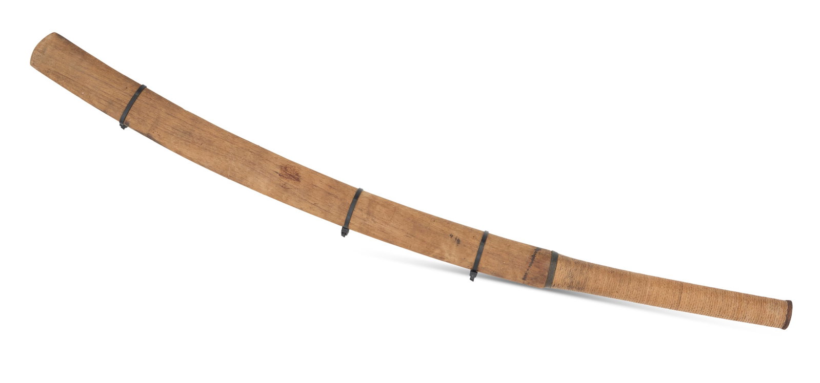 Southeast Asian Dha: Southeast Asian Dha with curved and slightly tapering blade, the round grip wrapped with braided rattan and with pinned multi-layer steel end cap; with plain wood scabbard (split). blade l. 22", 