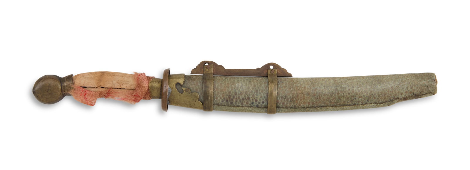 Chinese "Niuweidao" Paper Knife: Chinese "Niuweidao" Paper Knife in the form of a miniature Chinese oxtail sword ("niuweidao"), complete with sharpened, fulled steel blade, brass guard and pommel, cloth tape-wrapp
