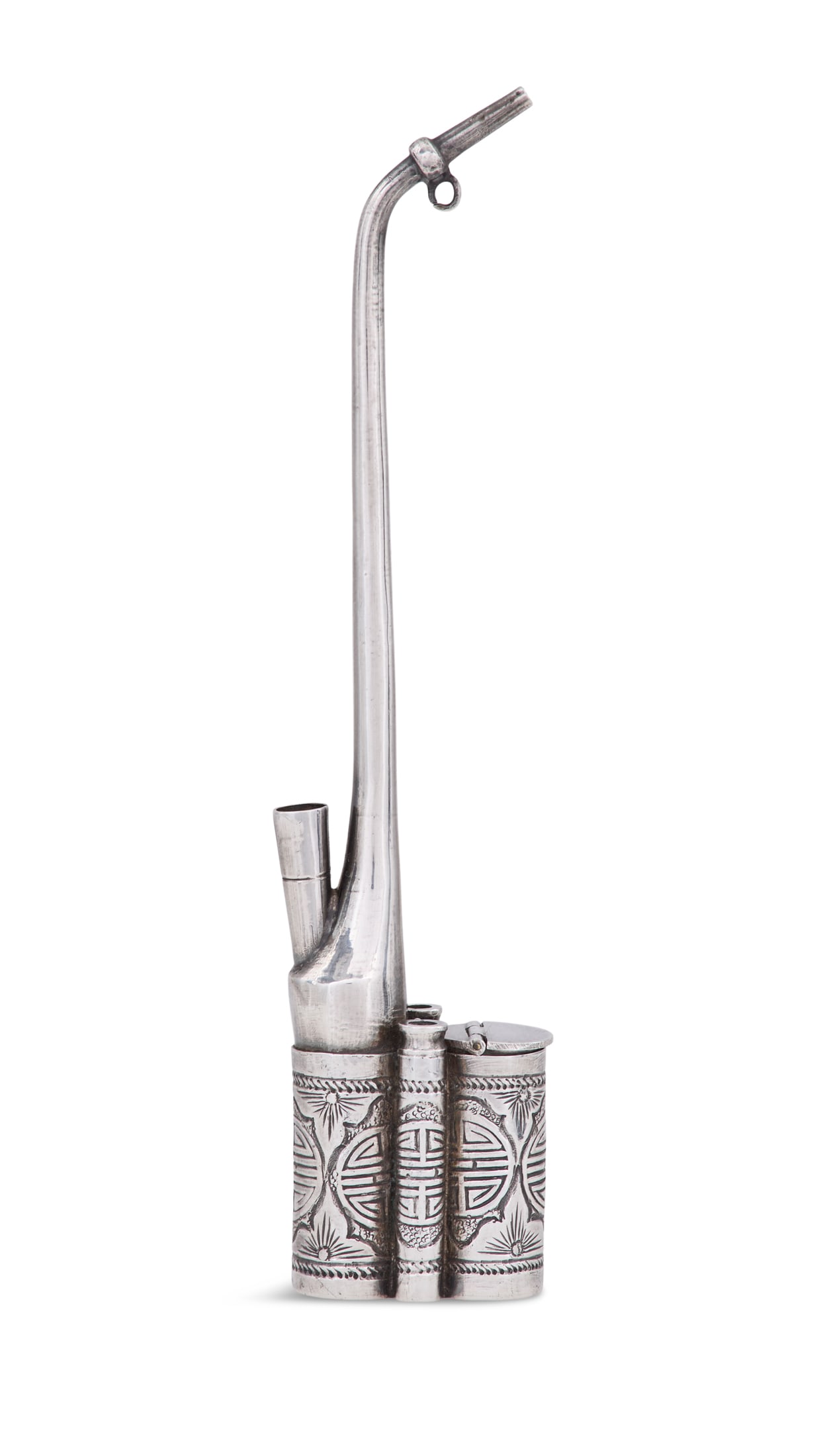 Chinese Export Silver Water Pipe: Chinese Export Silver Water Pipe first quarter 20th century, Wang Hing, Canton and Shanghai, of traditional form, the base with good luck symbols, lacking some fittings. l. 4-3/4", w. 1"; 0.