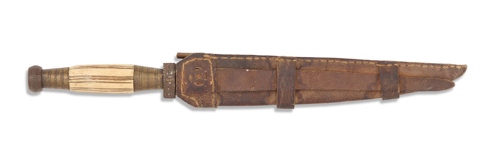 Sino-Vietnamese Fighting Knife: Sino-Vietnamese Fighting Knife late 19th/early 20th century, the tapered, spear-point blade with thick spine and clip-outs at the ricasso, with decorated brass guard, mounts and pommel and carved bone