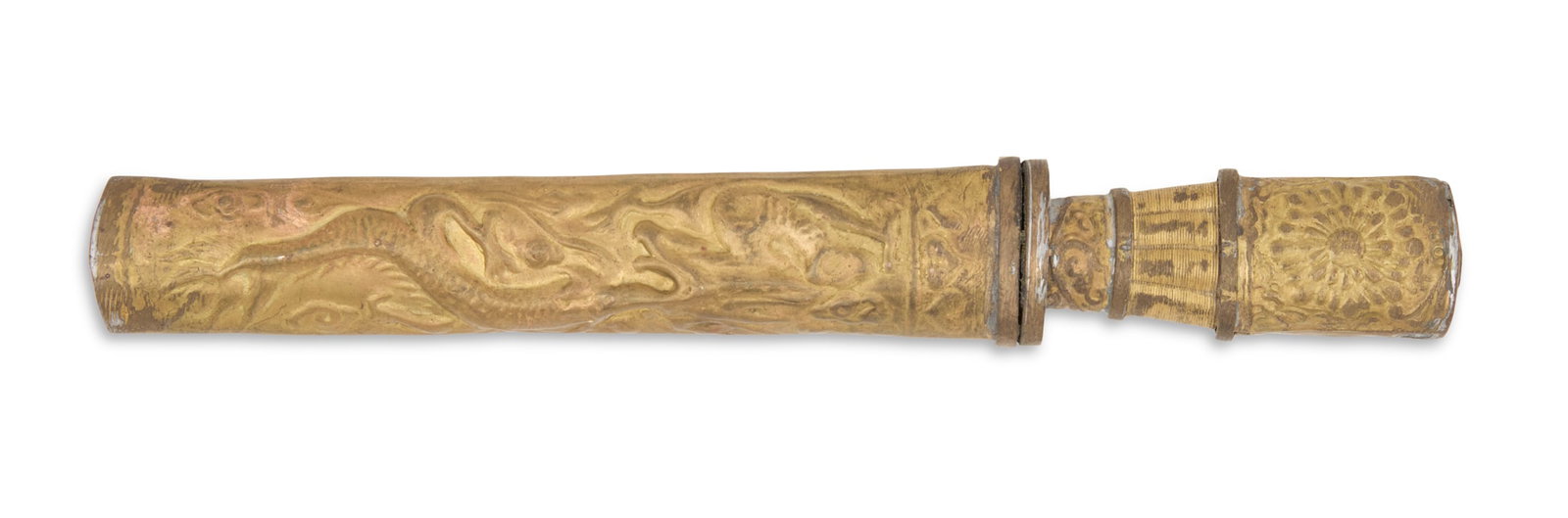 Tibetan Dragon Dagger: Tibetan Dragon Dagger early 20th century, the blade with etched stars and ideograms, the embossed brass hilt with wire wrapping; the brass scabbard embossed with a dragon. blade l. 5-1/2", overal