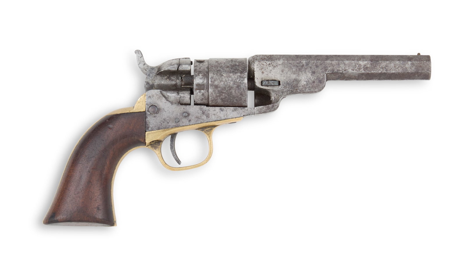 Colt 4-1/2" Octagon Barrel Revolver: Colt 4-1/2" Octagon Barrel Revolver ca. 1873-1875, one of about 2,000 made by conversion of Civil War-era small frame percussion revolvers, with brass trigger guard and backstrap, marked with pat