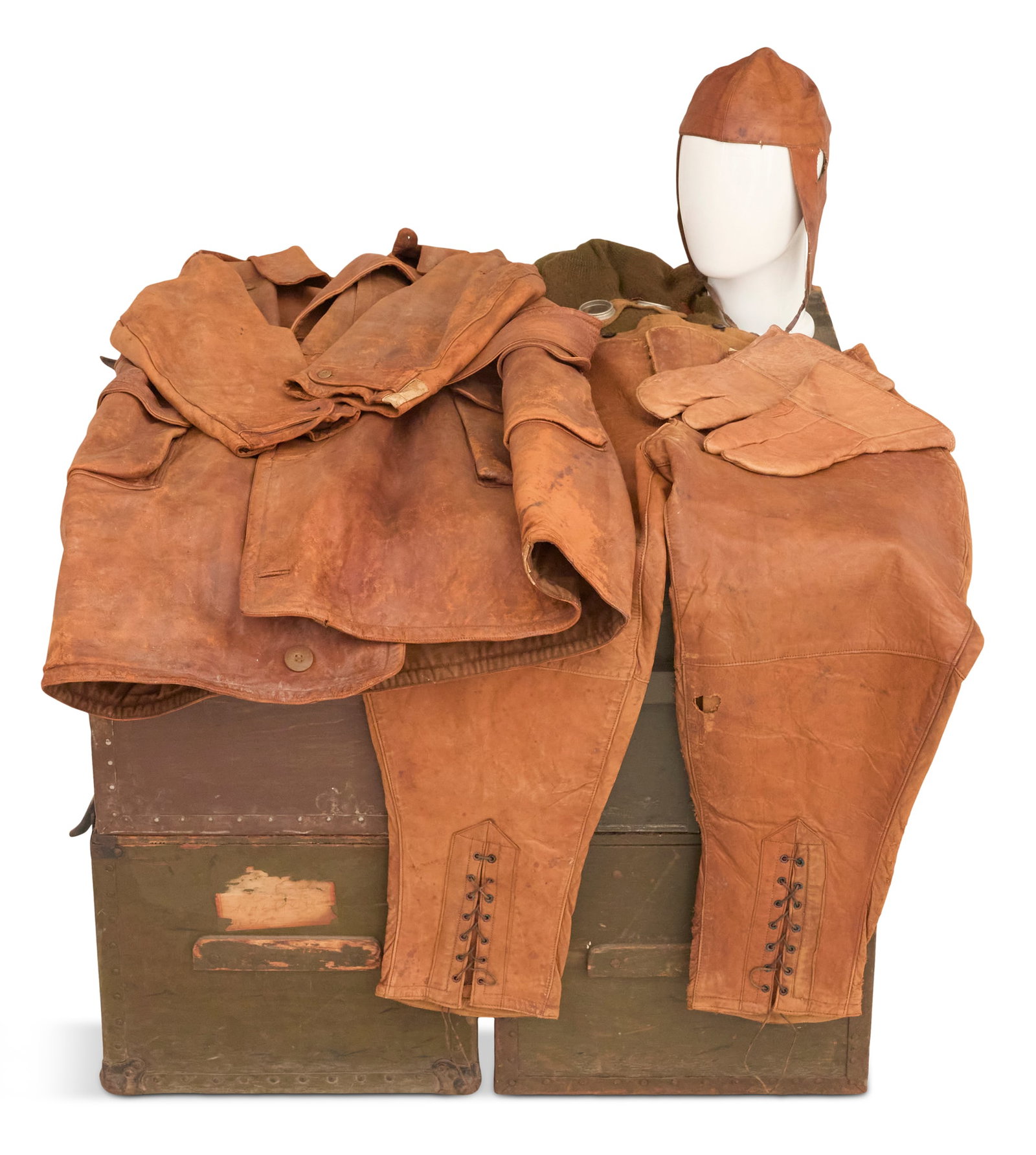 Leather Flying Gear: Leather Flying Gear including: a belted flight overcoat, wool-lined trousers, two knitted wool hoods with chamois lining and leather trim, leather flight helmet, goggles, leather gauntlets with separa