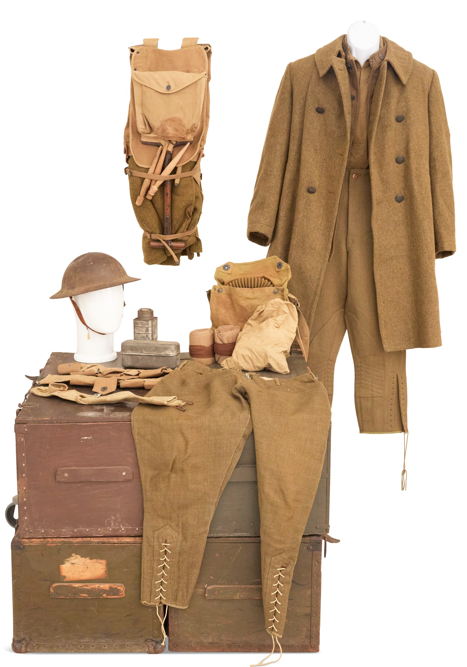 WWI Enlisted Kit: WWI Enlisted Kit assembled, including: a M-1917 wool overcoat with discharge and service stripes, a M-1917 service coat with US and B Company Infantry collar discs, 33rd Infantry shoulder patches, one