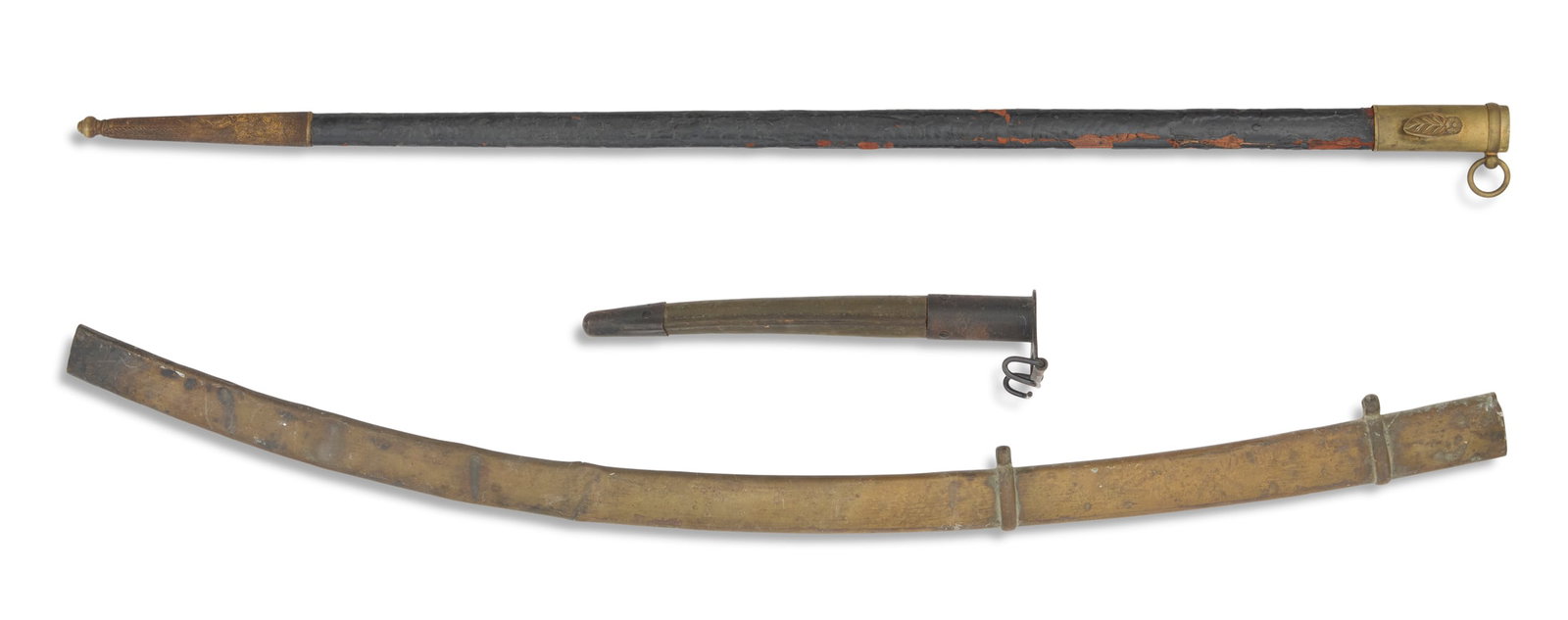 Three Scabbards: Three Scabbards including: an original scabbard for a U.S. Model 1917 and 1918 trench knife, l . 10"; a 19th-century leather scabbard or an officer's sword, probably Japanese, with brass fittings