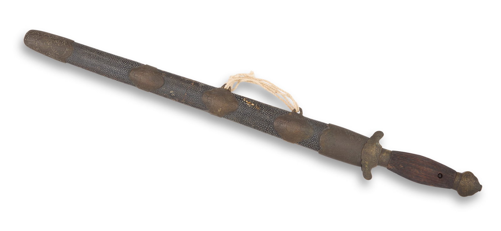 Chinese Court Short Sword ("Jian"): Chinese Court Short Sword ("Jian") late 19th/early 20th century, with straight shallow diamond section blade mounted in brass fittings with bats and stylized longevity symbols, with finely f