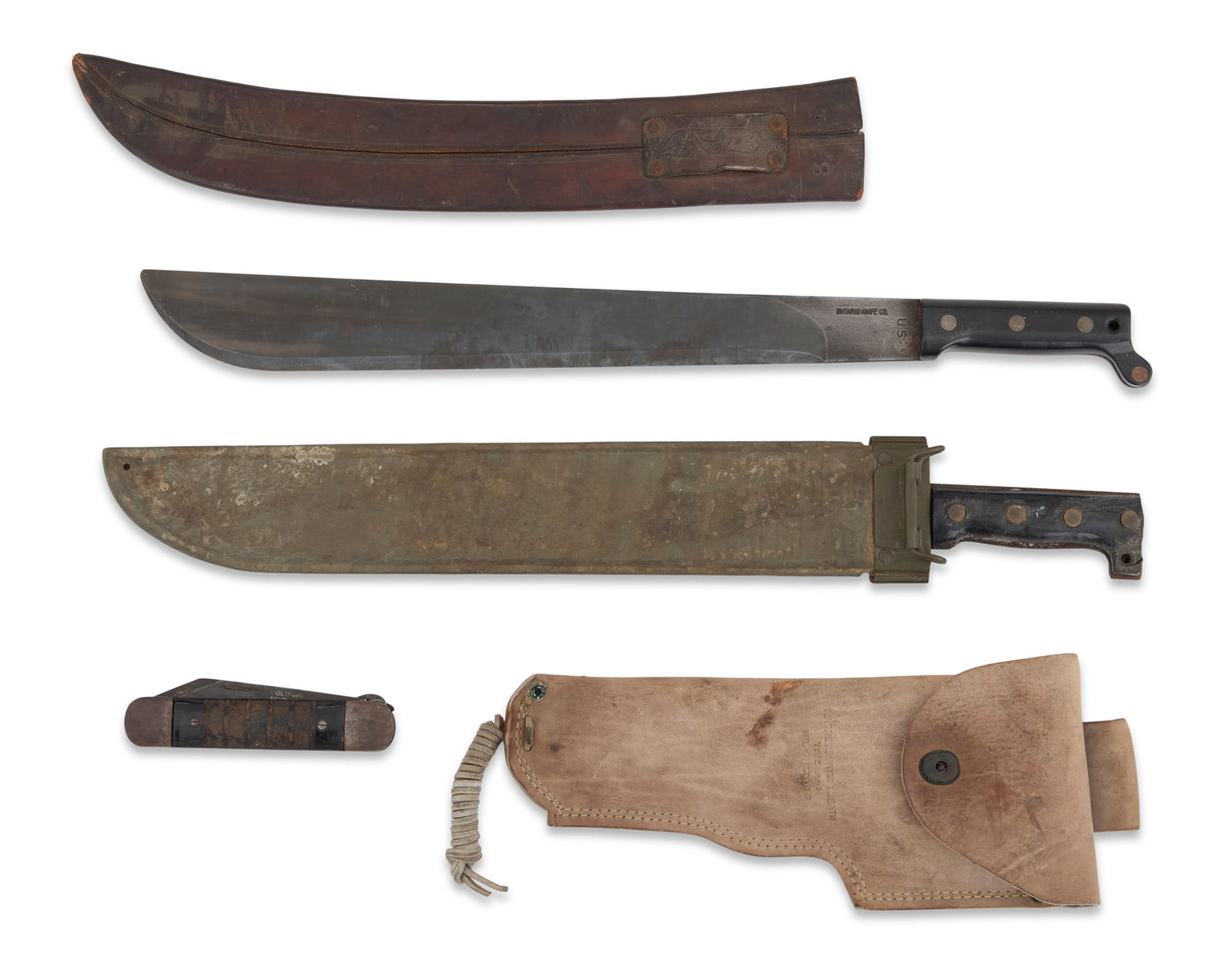 Three Machetes and Other Survival Gear: Three Machetes and Other Survival Gearincluding:an Ontario Knife Co. machete, marked "U.S.", probably original factory edge, no scabbard, blade l. 17-3/4", overall l. 24-3/8";a Mar