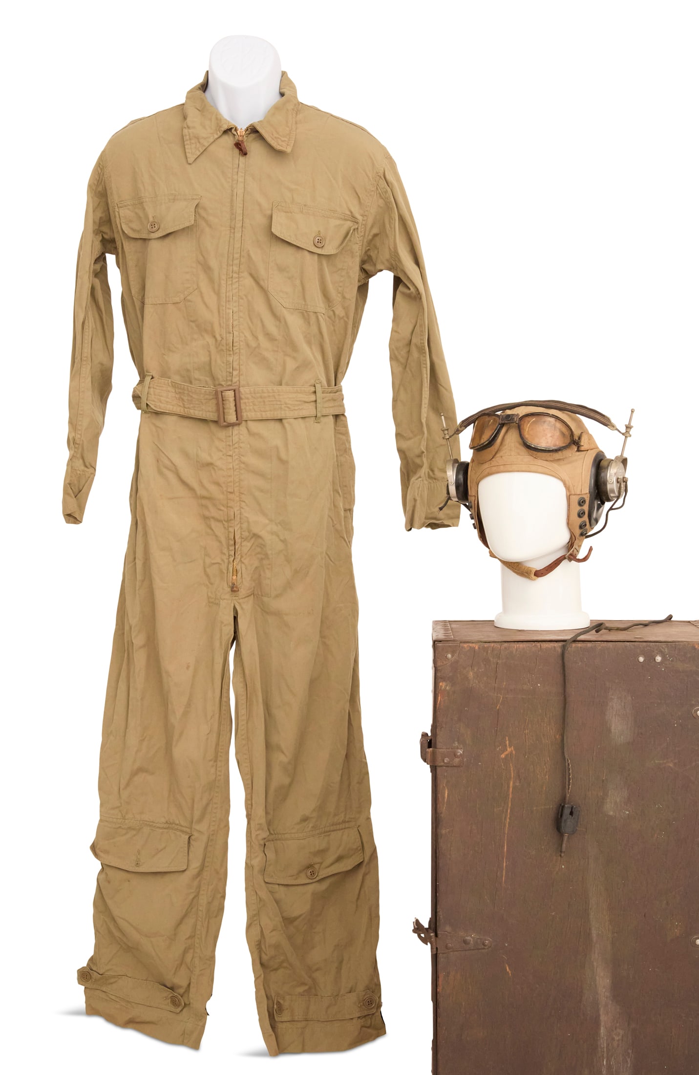 WWII Flight Gear: WWII Flight Gear including: an AAF AN-H-15 canvas flight cap, C. Brandes Inc. headphones, a summer flying suit (size 40) and American Optical Skyway flight goggles.