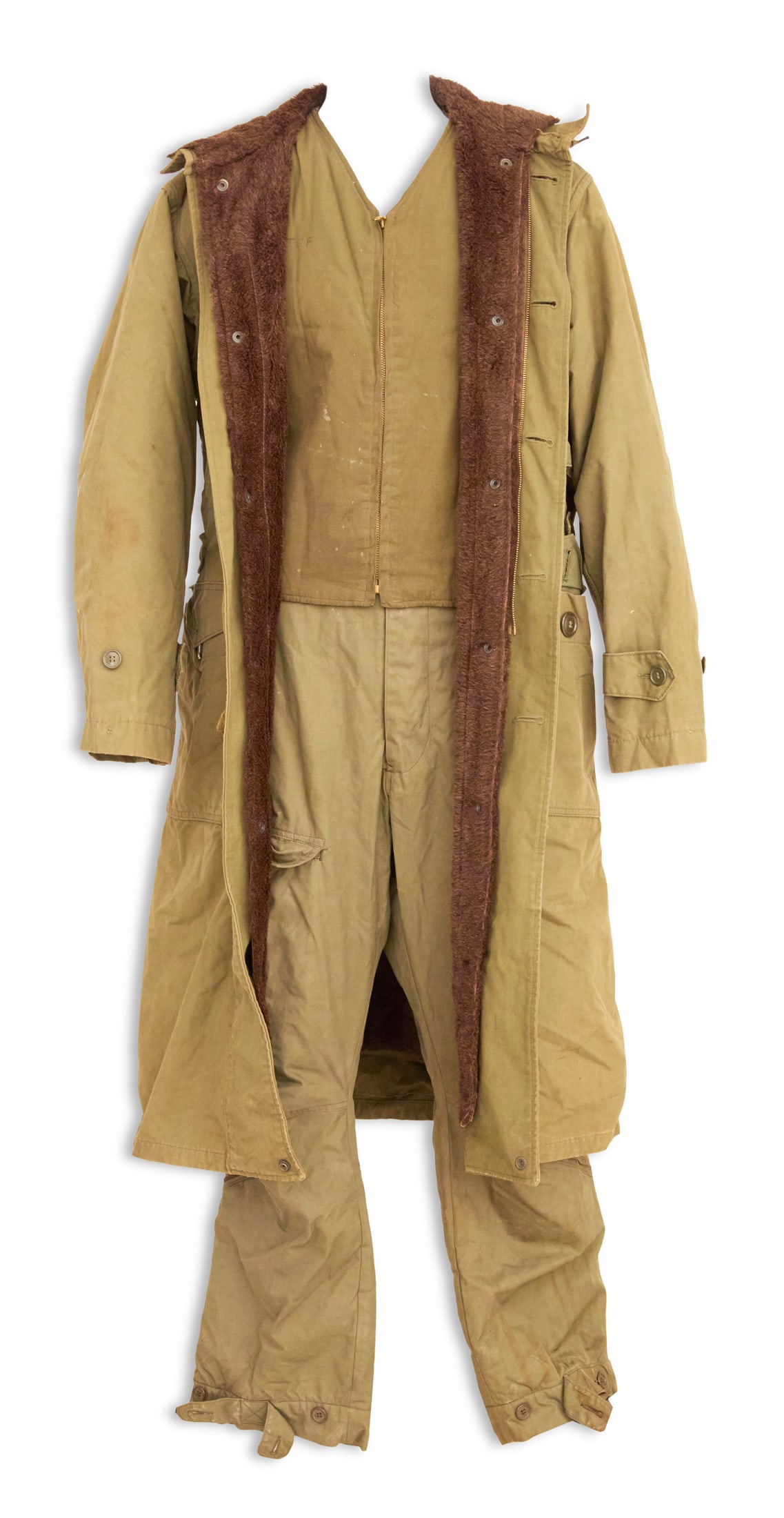 WWII USAAF Cold Weather Gear: WWII USAAF Cold Weather Gear including: an AAF Type A9 Overcoat/Parka with removable liner and hood (194, LSL Garment Co., size 42), Type A9 flying trousers, and an alpaca-lined vest.
