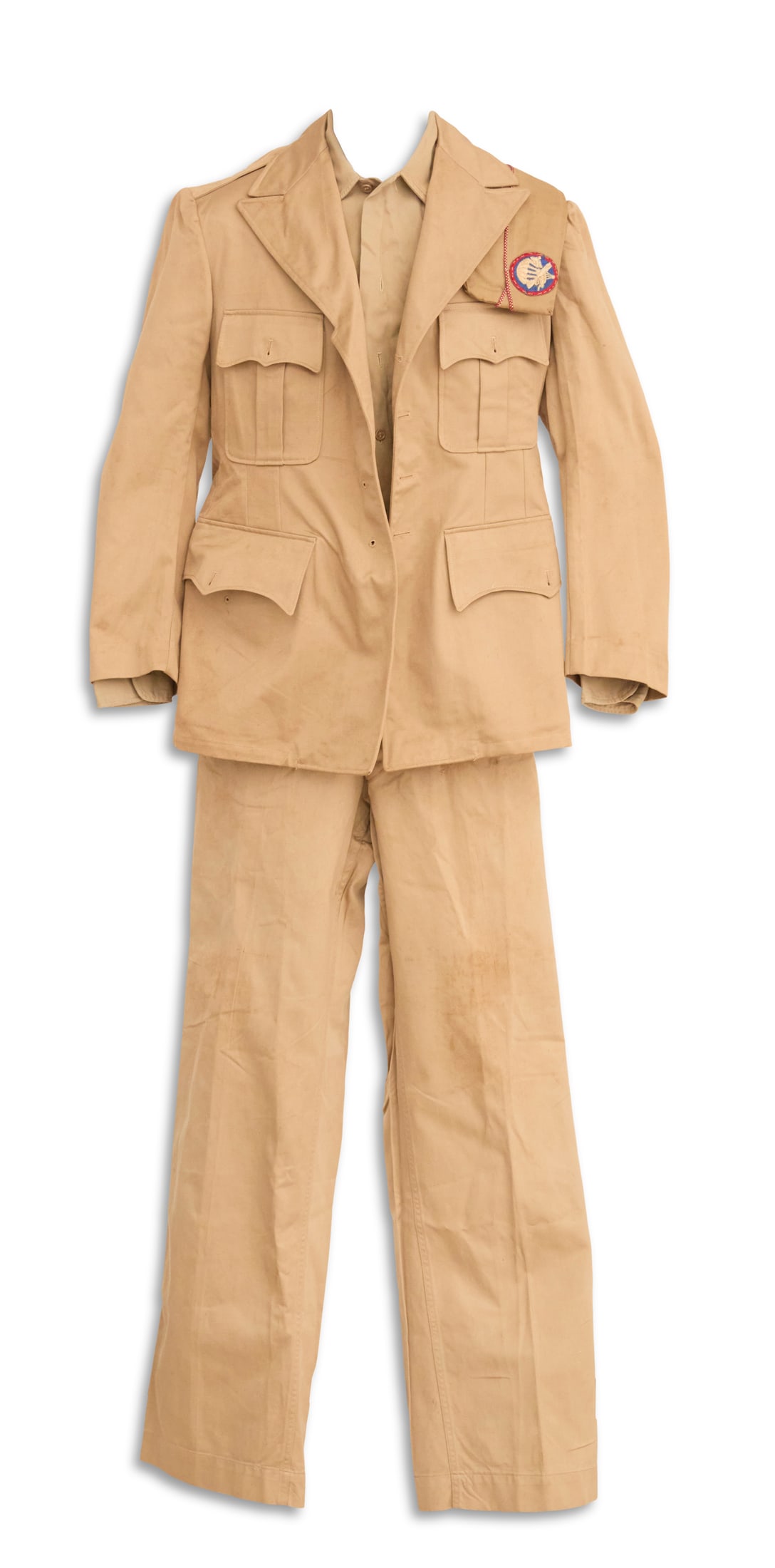 Khaki Cotton Set: Khaki Cotton Set assembled, including: a field jacket, trousers, a shirt with 1st Allied Airborne Army shoulder patch and "ruptured duck" breast patch, a garrison cap with USAA Glider enlisted badge a