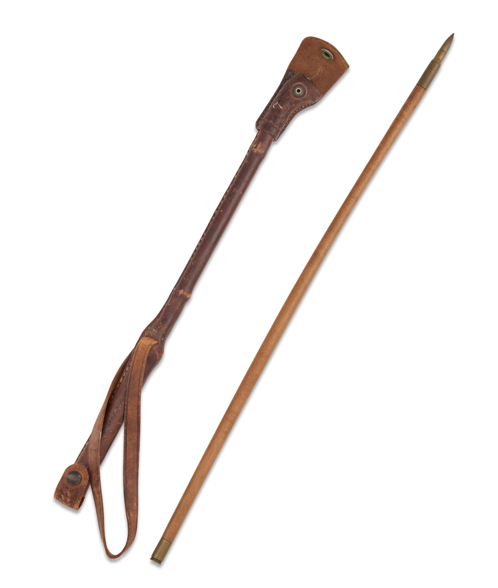 Two Unusual Swagger Sticks: Two Unusual Swagger Sticks one with the ends made from a U.S. Cartridge Co. .30 M1906 cartridge, the shaft of stained and polished birchwood, l. 22-1/4"; one a leather-bound American Schraeder ti