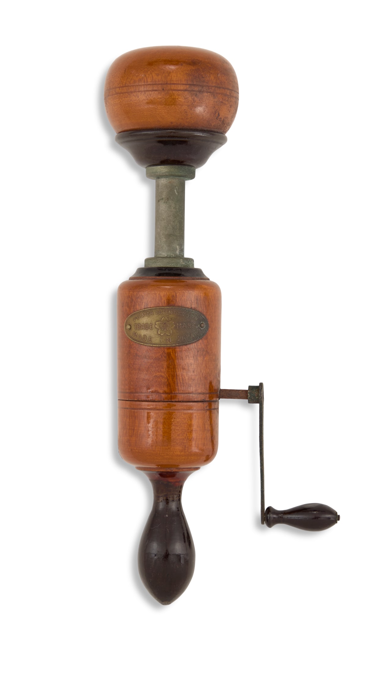 Japanese Hand-Crank Vibrator: Japanese Hand-Crank Vibrator Showa period, turned, lacquered and stained zelkova wood, with brass maker's plate. l. 11-1/2", dia. 2-3/4"