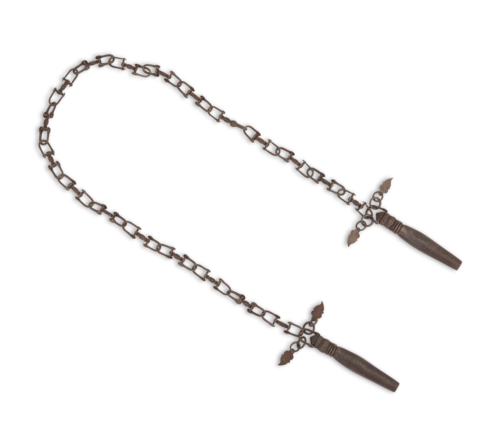Japanese Kusari Fundo: Japanese Kusari Fundo Meiji period, with stirrup link chain and baluster-form weights. l. 44"