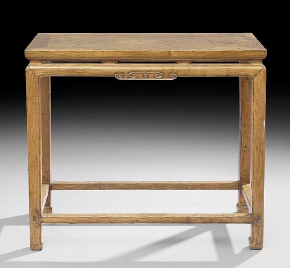 Chinese Elm Side Table: Chinese Elm Side Table, 20th century, the banded rectangular top above a pierced recessed frieze, raised on square legs joined by a box stretcher, h. 33-1/2", w. 37-1/2", d. 19".