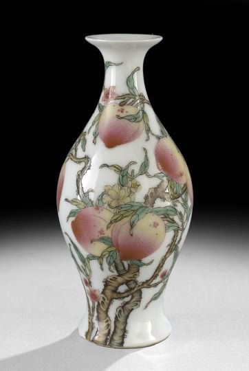 Fine Chinese Famille Rose "Fish Tail" Vase: Fine Chinese Famille Rose "Fish Tail" Vase, 18th/19th century, the baluster-form body enameled with a continuous design of flowering and fruiting peach branches with exposed bark and emerging foliage,