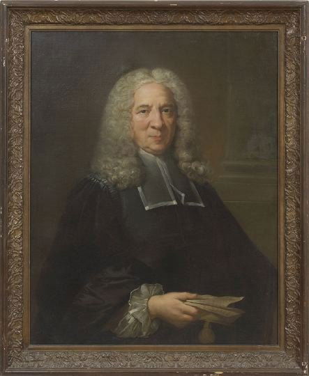 British School (First Quarter 18th Century): British School (First Quarter 18th Century), "Portrait of a Cleric in Robes, Holding a Document", oil on canvas, unsigned, 36" x 28-3/4". Framed.