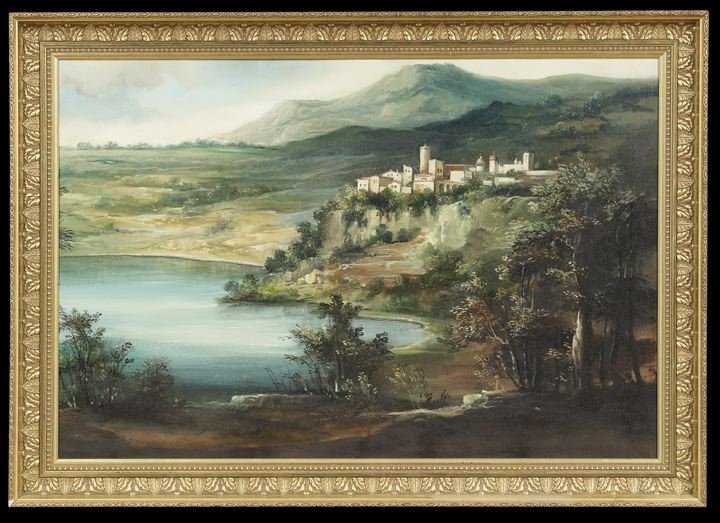 Continental School (Second Quarter 20th Century): Continental School (Second Quarter 20th Century), "Mountainous Lakeside Village", oil on canvas laid on panel, unsigned, 22-1/2" x 34". Presented in a giltwood frame.