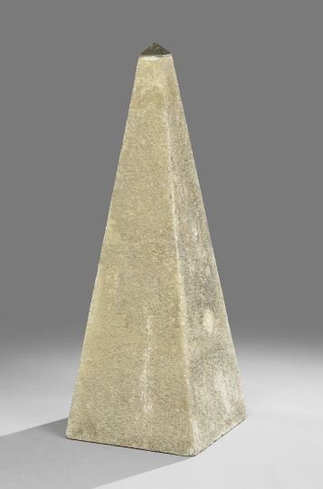 Cast-Stone and Bronze Garden Ornament: Cast-Stone and Bronze Garden Ornament, in the form of an obelisk, the weathered stone with a bronze capped tip in natural weathered patina, h. 44", w. 15", d. 15".
