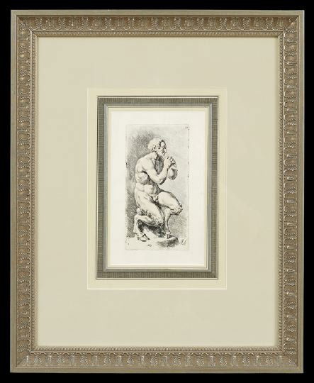 Jan de Bisschop (Dutch, 1628-1671): Jan de Bisschop (Johannes Episcopius, Dutch, 1628-1671), pair of etchings including plate 54 "Bacchus with Satyr", after the sculpture by Michelangelo (Italian, 1475-1564), monogrammed in plate lower