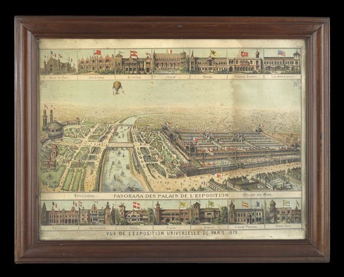 Paris Exposition of 1878 Hand Colored Lithograph: Paris Exposition of 1878 Hand Colored Lithograph, published by J. Dosseray, 7 Rue du Renard, Paris, lithography by J. E. Goossens, Rue du Houblon, 23 Bruxelles, sight 24" x 32". Glazed and matted.