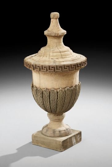 Adams Style Carved Wooden Garniture Urn: Adams Style Carved Wooden Garniture Urn, the body decorated with applied carved wooden leaves, an applied iron Greek-key decorates the outside rim, h. 29-1/2", dia. 13-1/4".