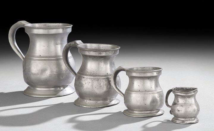 Assembled Set of Four Victorian Pewter Measures: Assembled Set of Four Victorian Pewter Measures, second half 19th century, each of baluster form, including capacities one quart, h. 6-1/4", one pint, h. 5", one half pint", h. 3-1/4", and a gill, h. 