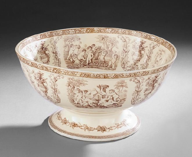 Large Ironstone Transfer-Decorated Punch Bowl: Large Ironstone Transfer-Decorated Footed Punch Bowl, late 19th century, indistinctly marked on the underside, h. 10", dia. 19-1/2".