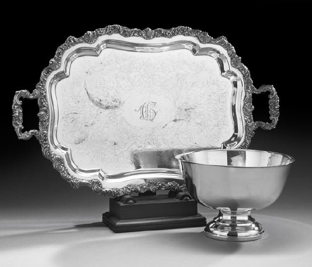 Two Pieces of American Silverplate Tableware: Two Large Pieces of American Silverplate Tableware, third quarter 20th century, including an unmarked tray of rectangular form with lobed corners, with applied shell-and-scroll rim and opposing handle