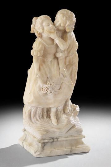 Marble Statue of a Young Couple Embracing: Marble Statue of a Young Couple Embracing, first quarter 20th century, the cove-molded base supporting the pair, who are dressed in traditional 18th century costume, she is holding roses in her skirt