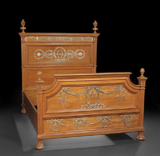 American Aesthetic Movement Silver Metal-Mounted B: American Aesthetic Movement Silver Metal-Mounted Bedstead, fourth quarter 19th century, the paneled head and foot boards adorned with ribbon, laurel wreaths, swags and beading, fluted posts and foliat