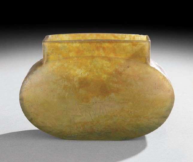 Daum Pate de Verre Vase: Daum Pate de Verre Vase, first quarter 20th century, the mottled amber, green and gray vase inscribed "Daum Nancy" on the side with the cross of Loraine, pontil marked, h. 4-3/4", w. 7", d. 2-1/2".