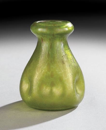 Continental Art Glass Vase: Continental Art Glass Vase, ca. 1900, attributed to Loetz, Czechoslovakia, the olive green vase with amber flecks and dimpled sides, ground pontil on base, h. 5-1/2", dia. 4".