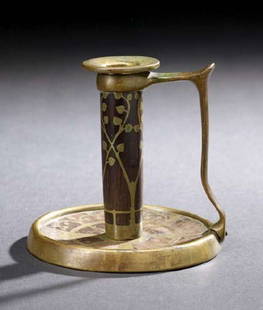 Rare Tulane Decorative Art League Brass-Inlaid Ros: Rare Tulane Decorative Art League Brass-Inlaid Rosewood Chamberstick, first quarter 20th century, unmarked, h. 4-3/8". Under the direction of Ellsworth Woodward, the Art League produced some of the ea